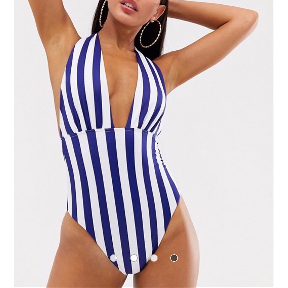 🆕 BLUE WHITE THICK STRIPES ONE PIECE BATHING SUIT - Picture 9 of 10